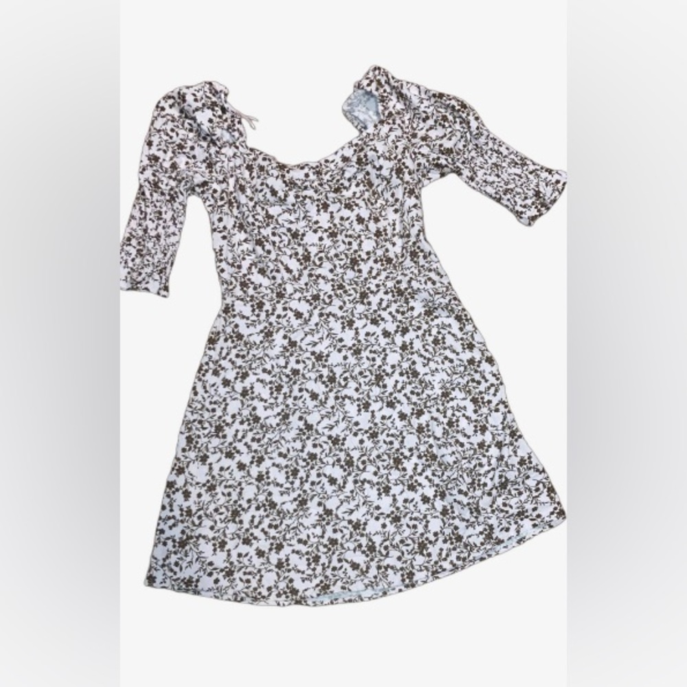 Light pink mini dress with brown floral design and quarter length sleeve